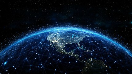 Wall Mural - earth with north america and a digital network of connections against a starry night sky