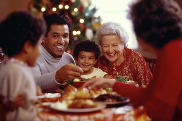 Family gathers around a festive table enjoying a holiday meal together in a warm, cozy living room decorated for Christmas