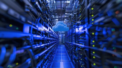 Server Racks and Blue Cloud Symbol in a Data Center