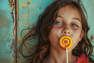 Girl with blue eyes eating a yellow and red swirl lollipop