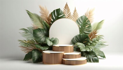 Wall Mural - Empty white round podium and natural green  branch with shadows on light grey background Showcase or pedestals and arches for natural cosmetic products presentation in studio, empty mockup