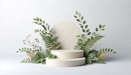 Wall Mural - Empty white round podium and natural green  branch with shadows on light grey background Showcase or pedestals and arches for natural cosmetic products presentation in studio, empty mockup