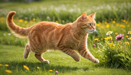 pet cat running on grass and flower