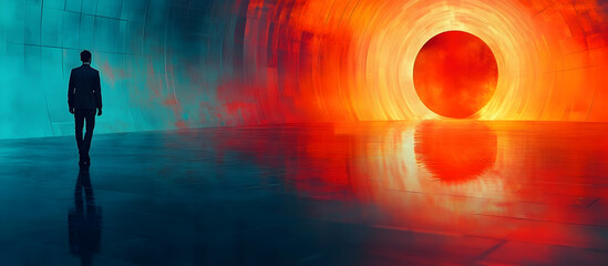 Wall Mural - a man is walking through a tunnel with a red and blue background