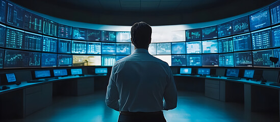 A man stands in front of a computer monitor with many screens
