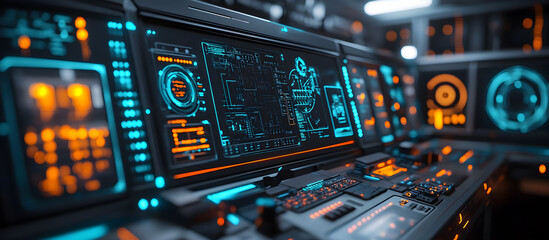 Wall Mural - a computer monitor with a blue background and orange and yellow buttons