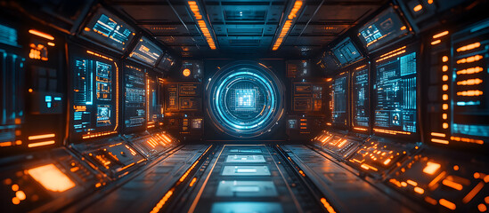 Wall Mural - a futuristic space station with a large blue circle in the middle