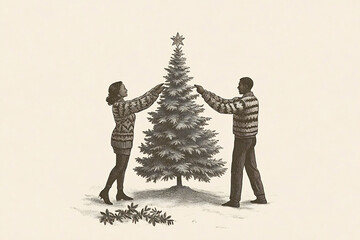 Couple decorating a Christmas tree together in cozy sweaters during the holiday season at home