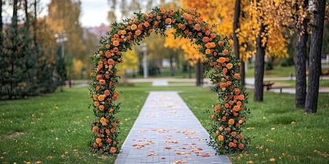 luxury orange wedding flowers arches with stone sidewalk and grass in the green park with beautiful view background 