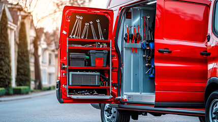 HVAC service van with open doors showing organized tools and equipment