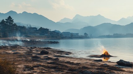 Poster - Gentle waves lap at the shore as a campfire crackles on the beach near mountains during a tranquil evening