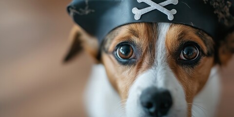 A dog wearing a pirates hat