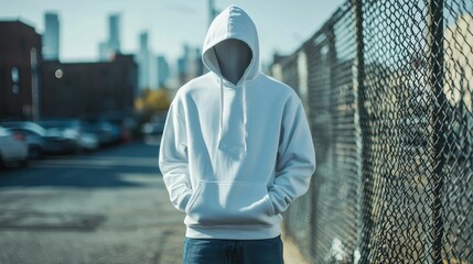 Wall Mural - A figure wearing a white hoodie stands on an urban street, with cars and buildings in the background suggesting an American city vibe.