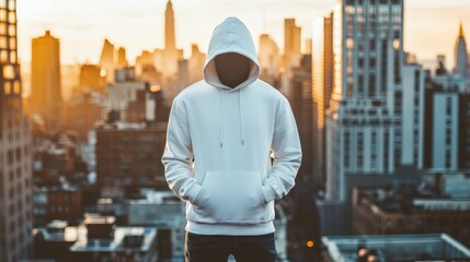 Wall Mural - A figure wearing a white hoodie stands silhouetted against a sunset skyline, evoking an air of mystery in an urban setting.