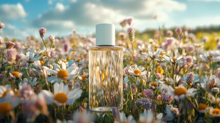 Wall Mural - A beautiful glass perfume bottle placed amidst colorful wildflowers under a bright sky, showcasing nature's elegance and beauty.