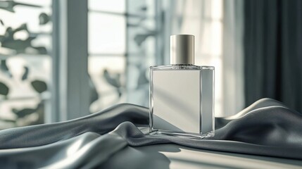 Wall Mural - A classy perfume bottle sits on silky fabric, blending beautifully with the soft light and greenery in the background. Refined and modern design.