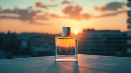 Wall Mural - A glass perfume bottle sits on a ledge during sunset, showcasing warm tones against a blurred city skyline, creating a serene and luxurious atmosphere.