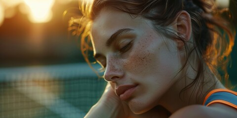 Exhausted female tennis player resting on the court, catching her breath after a vigorous match, embodying focus, determination, and drive during summer practice