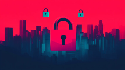 A digital illustration of a city skyline with a prominent padlock symbol against a vibrant red background. Represents concepts of security, technology, and urban life.