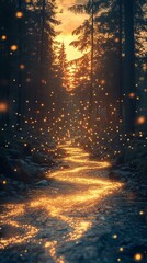 A flowing river winding through a dense forest, with glowing arrows made of light following the river's path, representing the flow of trends. The background features tall trees and a glowing suns