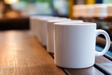 Blank white mugs on display in a Print on Demand production setup - custom printing - e-commerce industry