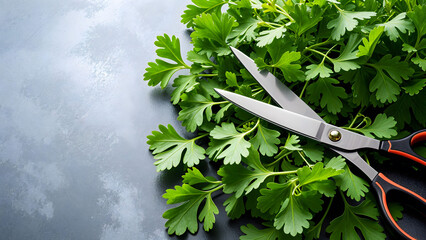 Kitchen scissors with fresh parsley, perfect for culinary scenes emphasizing herb preparation and freshness