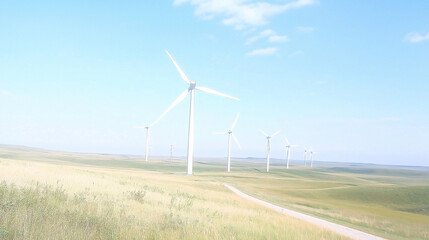 photo of a landscape with several tall wind turbines spread across a wide, open field