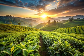 Nature landscape background with tea plantation at sunrise, macro shot