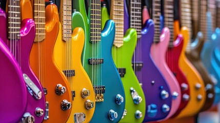 A Row of Colorful Electric Guitars Hanging in a Music Store