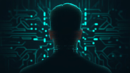 A silhouette of a person looking at digital circuitry, representing technology and innovation in a modern digital world.