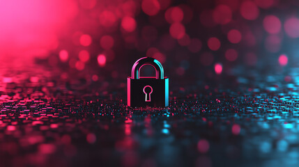 A stylish digital padlock illuminated by vibrant pink and blue lights on a reflective surface, symbolizing security and protection in a modern digital landscape.