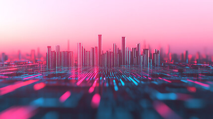 Futuristic city skyline with vibrant neon colors and digital elements, representing advanced technology and innovation.