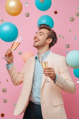 Man celebrates new year with champagne battle in soft pastel colors and joyful atmosphere