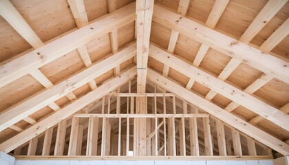 Interior view of a house under construction highlighting wooden framing and open structures, poised for future development and finishing touches