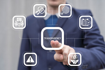 Wall Mural - man working on virtual touch screen presses word: transparency. business finance transparency concep