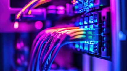 Poster - Network Cables Connected to a Server Rack in Neon Lights