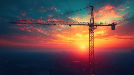 Silhouette of a construction site at sunset, crane and building shaping the skyline, industry development project with modern architecture