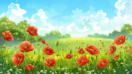 a field of red poppies with green foliage and a bright blue sky with fluffy clouds