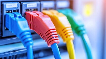 Poster - Close-up of Colorful Ethernet Cables Plugged into a Network Switch
