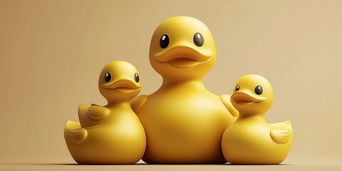 Three yellow rubber ducks on beige background	