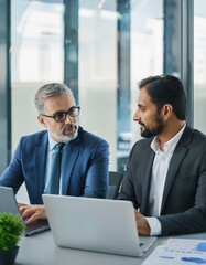 Two busy professional business people working in office with laptop computer. Mid aged mature Latin female executive manager talking to male colleague having conversation sitting at workplace