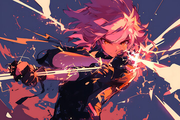 Action anime character with lightning and fire power spreading, Anime art