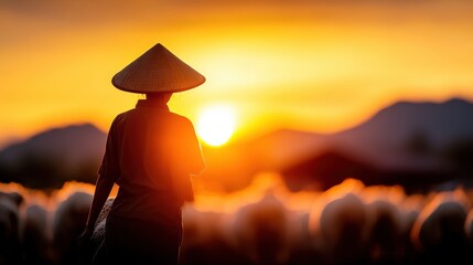 A silhouette of a person donning a conical hat stands with sheep set against a radiant sunset, symbolizing the harmonious blend of humanity and nature.