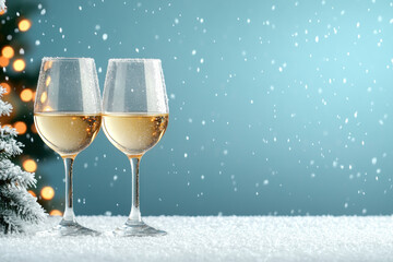 Cheers to festive season with two wine glasses, snowflakes falling gently.