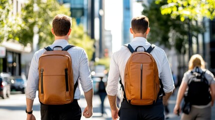 Two young professionals with contrasting brown backpacks walking side-by-side down a bustling city street, embodying modern commuting and dynamic work culture.