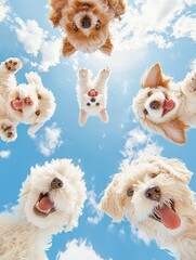 Adorable puppies with playful expressions gather under a vibrant blue sky, celebrating friendship and joy in their energetic and carefree playtime together.