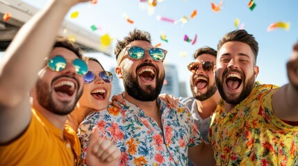 A group of happy friends in colorful shirts celebrate joyously under a shower of vibrant confetti, symbolizing friendship and happiness under a sunny sky.