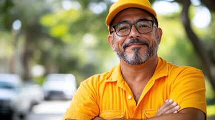 A confident man sports bright orange clothing and glasses, exuding assurance and charm. He stands proudly on a vibrant, sunlit street.