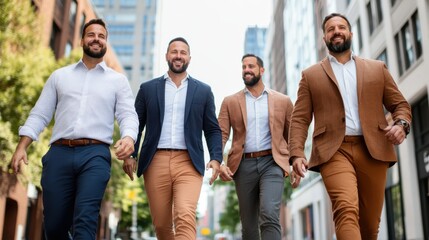 Four men walk together with confidence on a city street, radiating unity, style, and professionalism against a backdrop of modern urban buildings.