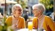 © LifeMedia - Two elderly women seated at an outdoor café, engaged in cheerful conversation, drinking beverages, wearing glasses and sweaters on a sunny day, showcasing friendship.
